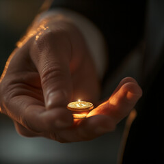 The businessman pick the coin up with the light, focus and closeup - obrazy, fototapety, plakaty
