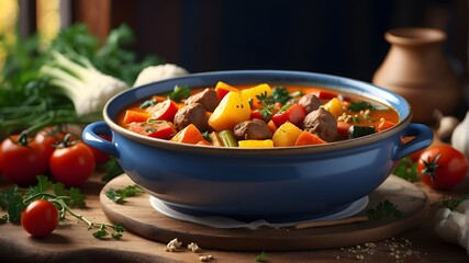 Artistic Image, Stew with Vegetables, Digital Illustration, Art Styles: Vibrant Realism and Hyperrealism, Art Inspirations: Traditional Cuisine Art and Vibrant Food Artworks, Camera: Sony Alpha 7 III, - obrazy, fototapety, plakaty