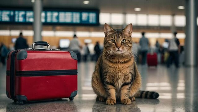 Cute cat, suitcase at the airport