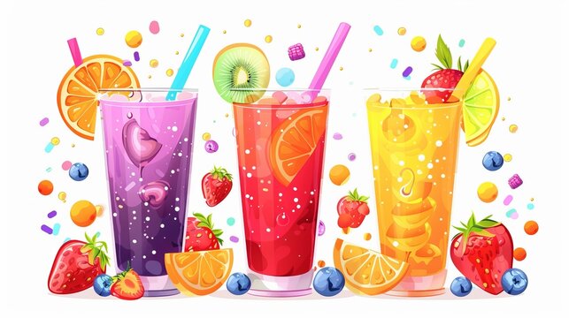Visualize a delightful vector illustration showcasing a variety of fresh and yummy smoothies and sparkling drinks, each adorned with cute decorations. In this vibrant scene, glasses brim with colorful