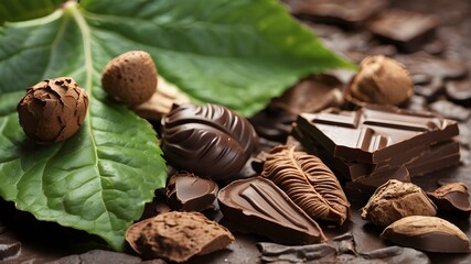 A close-up of chocolate and leaves, depicting a range of ripeness stages from green to brown. The chocolate's varying colors and textures are contrasted by the lush green leaves, creating a visually a - obrazy, fototapety, plakaty