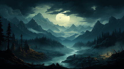 Un paysage forestier sombre et brumeux avec de grands arbres, des montagnes en arrière-plan et un...