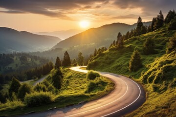 Highway landscape at colorful sunset in summer. Mountain road landscape at dusk. Beautiful nature scenery in green mountains. Travel landscape for summer vacation on highway. High quality photo - obrazy, fototapety, plakaty