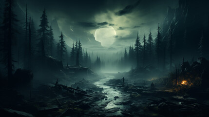 Fototapeta premium Un paysage forestier sombre et brumeux avec de grands arbres, des montagnes en arrière-plan et un clair de lune brillant à travers les nuages