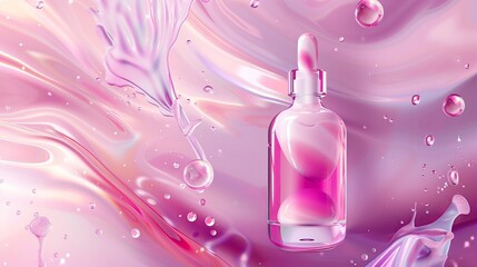 The cosmetic advertising background sets the stage for the product, with soft pastel hues of pink and purple creating a dreamy and feminine ambiance. Abstract floral motifs and geometric patterns add 