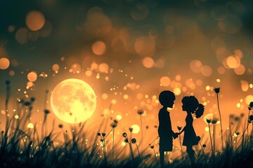 silhouettes of two figures against a moonlit dandelion field, bathed in the glow of a full moon with a backdrop of a sparkling bokeh effect, evoking feelings of serenity and connection with nature - obrazy, fototapety, plakaty