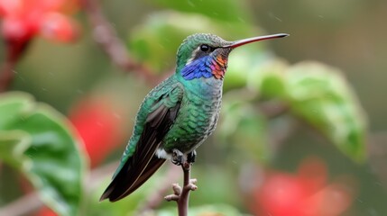 Colibri birds with wide beaks and beautiful colors on tree branches - obrazy, fototapety, plakaty