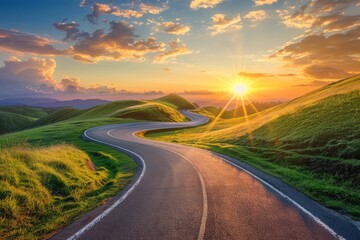 Highway landscape at colorful sunset in summer. Mountain road landscape at dusk. Beautiful nature scenery in green mountains. Travel landscape for summer vacation on highway. High quality photo