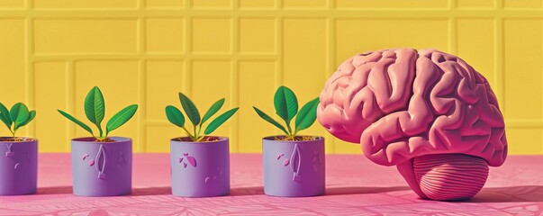 Brain with growing plants, Symbolizing healing and recovery - obrazy, fototapety, plakaty
