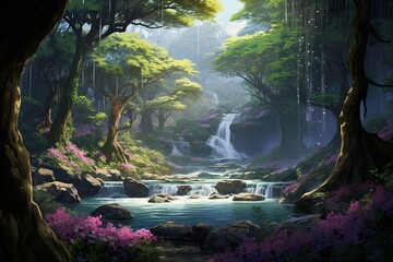 A beautiful fairytale enchanted forest with big trees, waterfalls and great vegetation. Digital painting background.