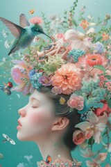 a woman with a bird on her head is surrounded by flowers.