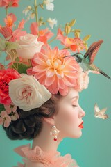 a woman with a bird on her head is surrounded by flowers.