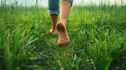 A person is walking barefoot through a grassy field.

