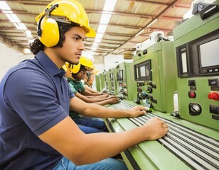 Skilled individuals operating various machines in a manufacturing or industrial