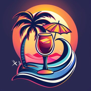 recommend clip art: Beach Scene With Glass of Wine and Umbrella