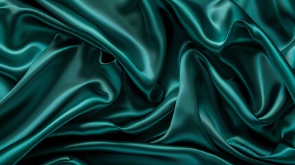 Obraz premium From a flat lay perspective, the teal green silk satin cascades gracefully across a tabletop, creating a visual feast for the senses. Its rich color captivates the eye, while the smoothness of the fab