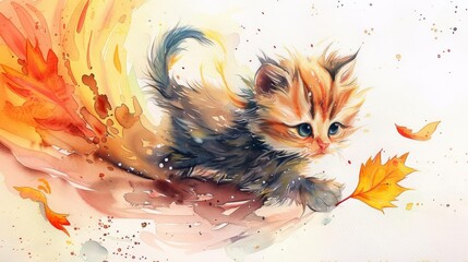 A watercolor painting of a kitten playing in the fall leaves.