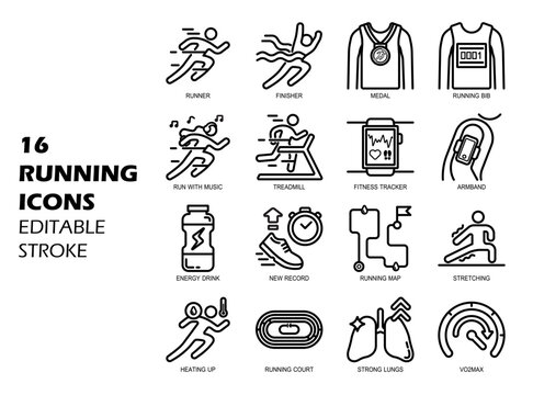 16 icons related to running. Editable stroke. Vector illustration