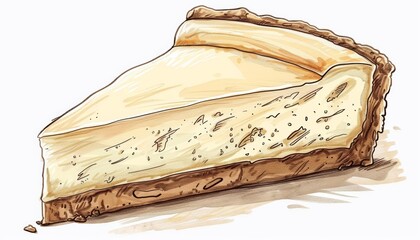 A watercolor painting of a slice of cheesecake. The cheesecake is on a white background. The cheesecake is topped with a graham cracker crust.