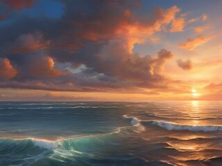 Beautiful sunset over the ocean scenario, beautiful bright colors, for banner, brochure, travel and relaxation concept.