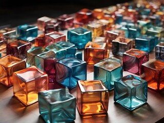 Top view background of glass cubes in various colors and sizes, abstract aesthetic clean design.