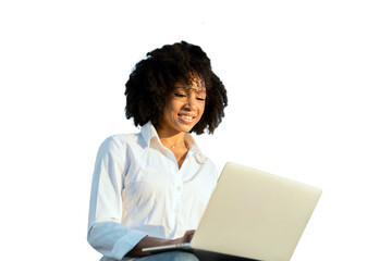 A female student uses a laptop, a positive curly-haired smiling company employee, a cut-out...