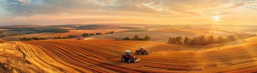 Fototapeta premium Panoramic view of a sprawling agricultural landscape at sunrise, with tractors at work in the fields, illustrating the early starts and hard work in the farming industry