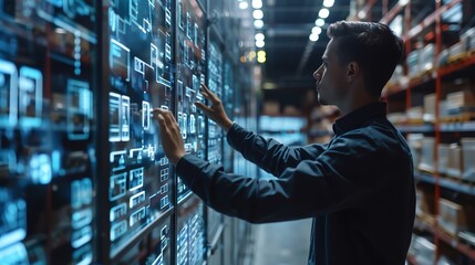 Retail manager using futuristic digital tools for inventory management in a hightech warehouse
