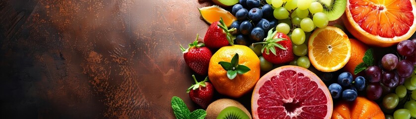 A variety of fruits are arranged on a brown wooden table. There are strawberries, blueberries,...