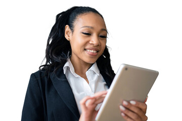 Young female secretary uses tablet, cut out background