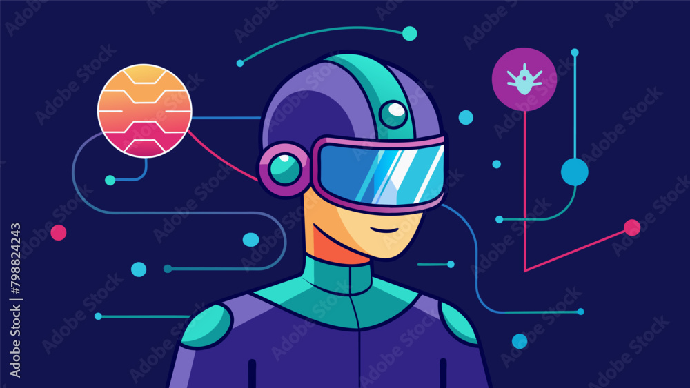 Poster a person wearing a futuristic helmet receiving realtime feedback from a quantum neural network to en