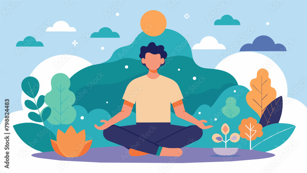Poster a person in a yoga pose surrounded by calming nature scenes representing the mental relaxation achie