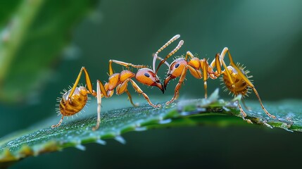 Macro photography of two ants wrestling over territory on a leafy branch