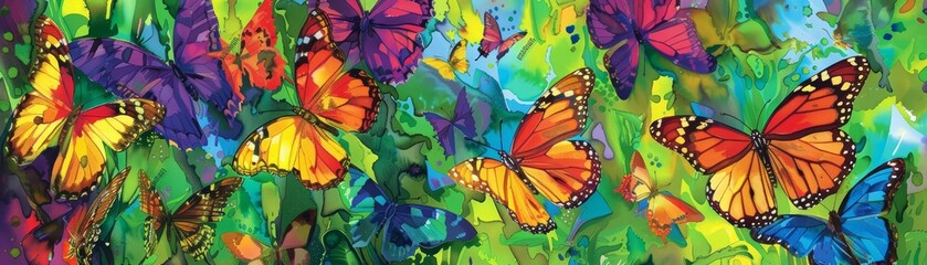 A mystical painting of butterflies and flowers in the jungle with vibrant colors and a dreamlike atmosphere