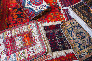 traditional oriental Turkmen handmade carpets at the bazaar in Turkmenistan