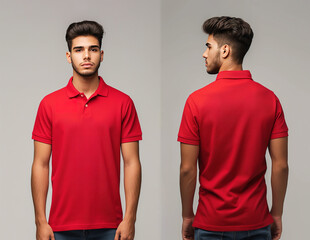 Front and back views of a man wearing a red polo shirt mockup template