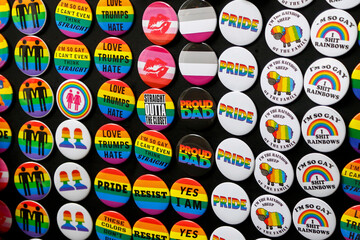 New York City, NY  USA  Pride parade. Various pins for sale