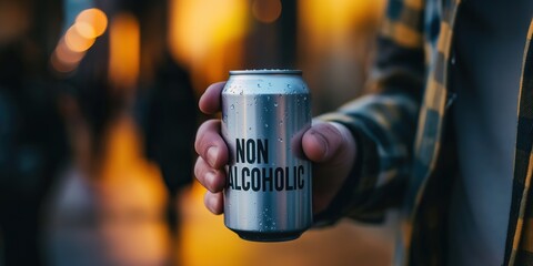 A person is holding a can of non-alcoholic beer