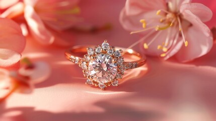 Ethereal Elegance: Gold Baguette Cluster Halo and Rose Cut Diamond Ring on Pastel Red generative ai