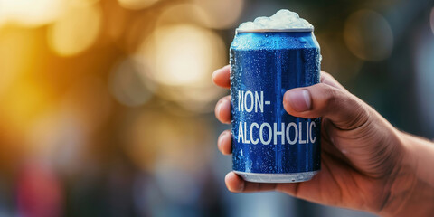 A hand holding a can of non-alcoholic beer, copy space