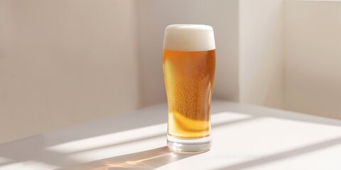 A glass of beer is sitting on a table in front of a window