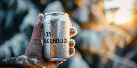 Close-up image of a frosty can of non-alcoholic beer, with "NON-ALCOHOLIC" boldly printed, copy space
