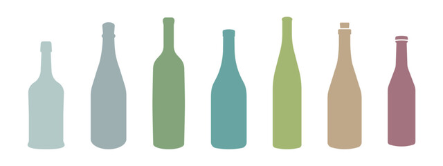 Wine bottle types vector illustrations set. Alcohol glasses abstract silhouette collection. Glass bottle types isolated. Different colored flat filled icon set.