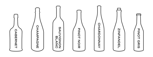 Wine bar menu illustration. Wine types collection. Alcohol bottles icon set. Champagne bottle symbol. Sauvignon, chardonnay, cabernet and zinfandel design outline isolated.