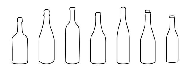 Wine bottle types vector illustrations set. Alcohol glasses abstract silhouette collection. Glass bottle types isolated. Minimal color flat line outline stroke icon set.