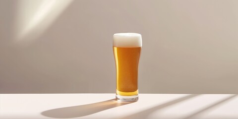 A glass of beer with foam and bubbles is sitting on a table in front of a window