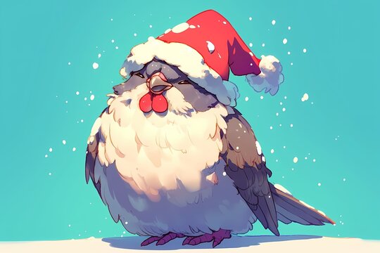 cute cartoon dove wearing christmas hat in the snow
