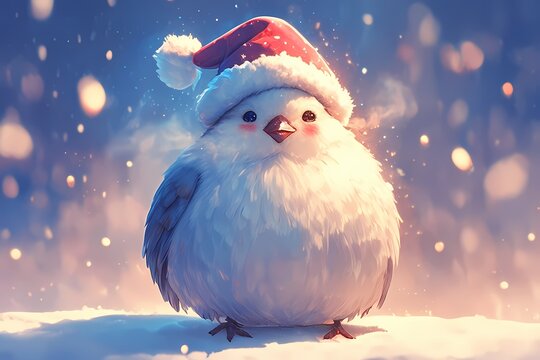 cute cartoon dove wearing christmas hat in the snow