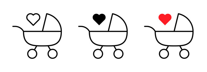 Baby carriage with heart icon. Pushchair with love vector illustration. Outline toddler carriage symbol isolated.