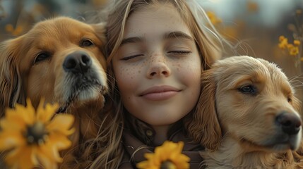 A beautiful girl with long blond hair and freckles on her face is hugging two golden retrievers in a field of yellow flowers